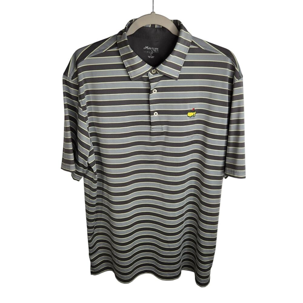 Masters Tech Striped Polo Golf Short Sleeve Shirt Men's Large Gray Pale Yellow